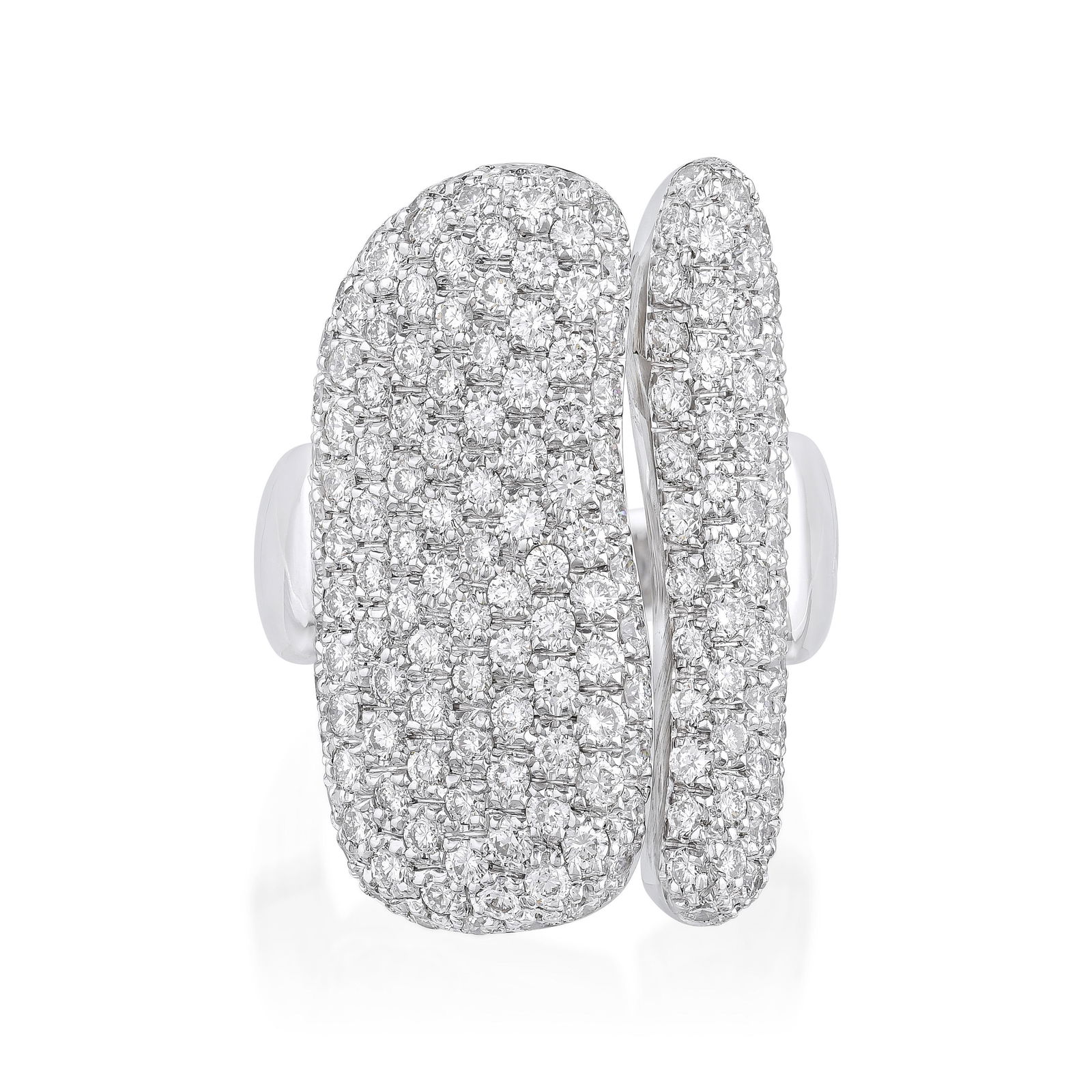 Antonini Organic Form Pave Diamond Ring: Summary of Key Characteristics • Metal: platinum • Gemstone(s): round brilliant cut diamonds approx. 3.00 carats total, most G-H/VS • Measurements: ring top 1-1/8 x 3/4 inches