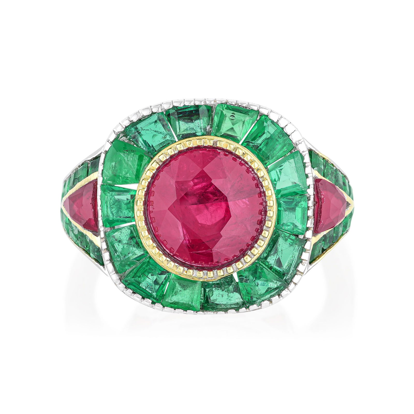 Ruby and Emerald Ring: Summary of Key Characteristics • Metal: 18K white gold • Gemstone(s): round faceted and triangular French cut rubies approx. 3.00 carats total; tapered baguette cut emeralds approx. 1.8