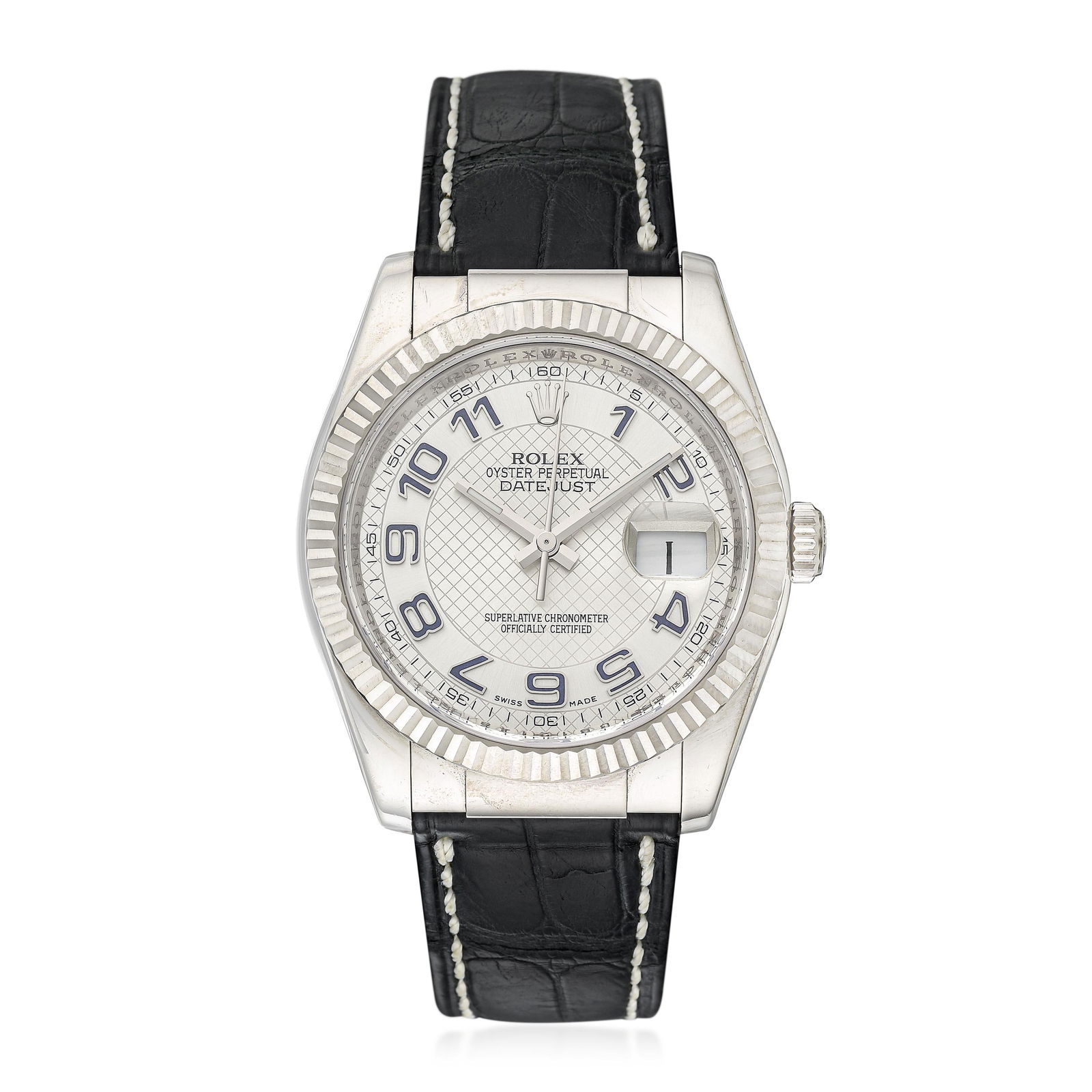 Rolex Datejust in 18K White Gold: View a video of this lot: Click HereSummary of Key CharacteristicsCIRCA: 2010s CASE MATERIAL: 18K white gold DIAL: Silver sector dial with applied radial Arabic num