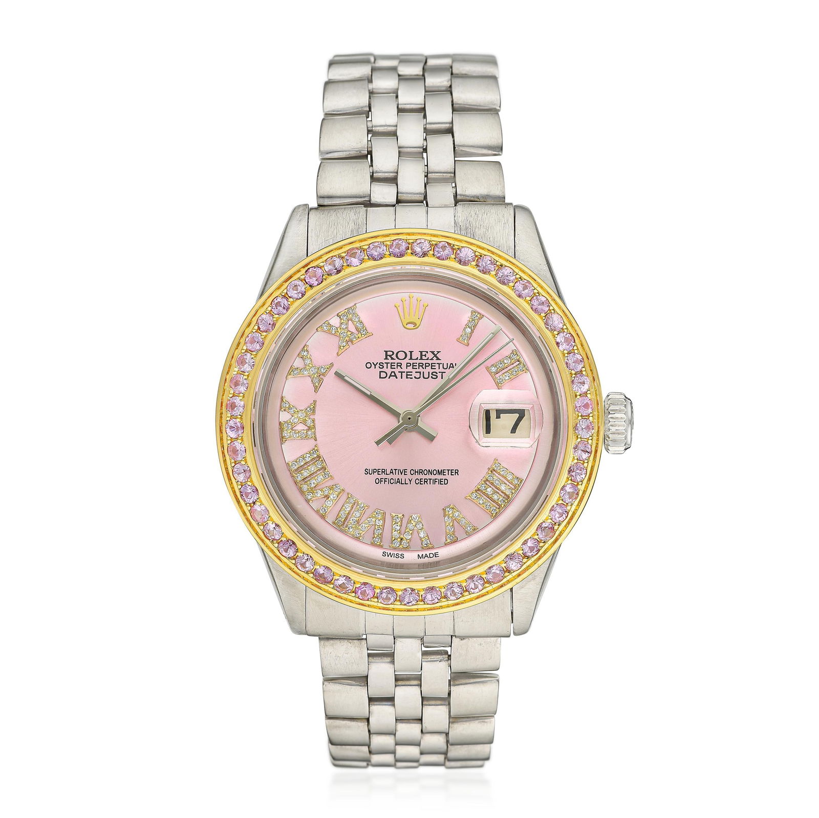 Rolex Datejust in Steel: View a video of this lot: Click HereSummary of Key CharacteristicsCIRCA: 1962 CASE MATERIAL: Stainless steel DIAL: Pink dial with applied diamond-studded Roma