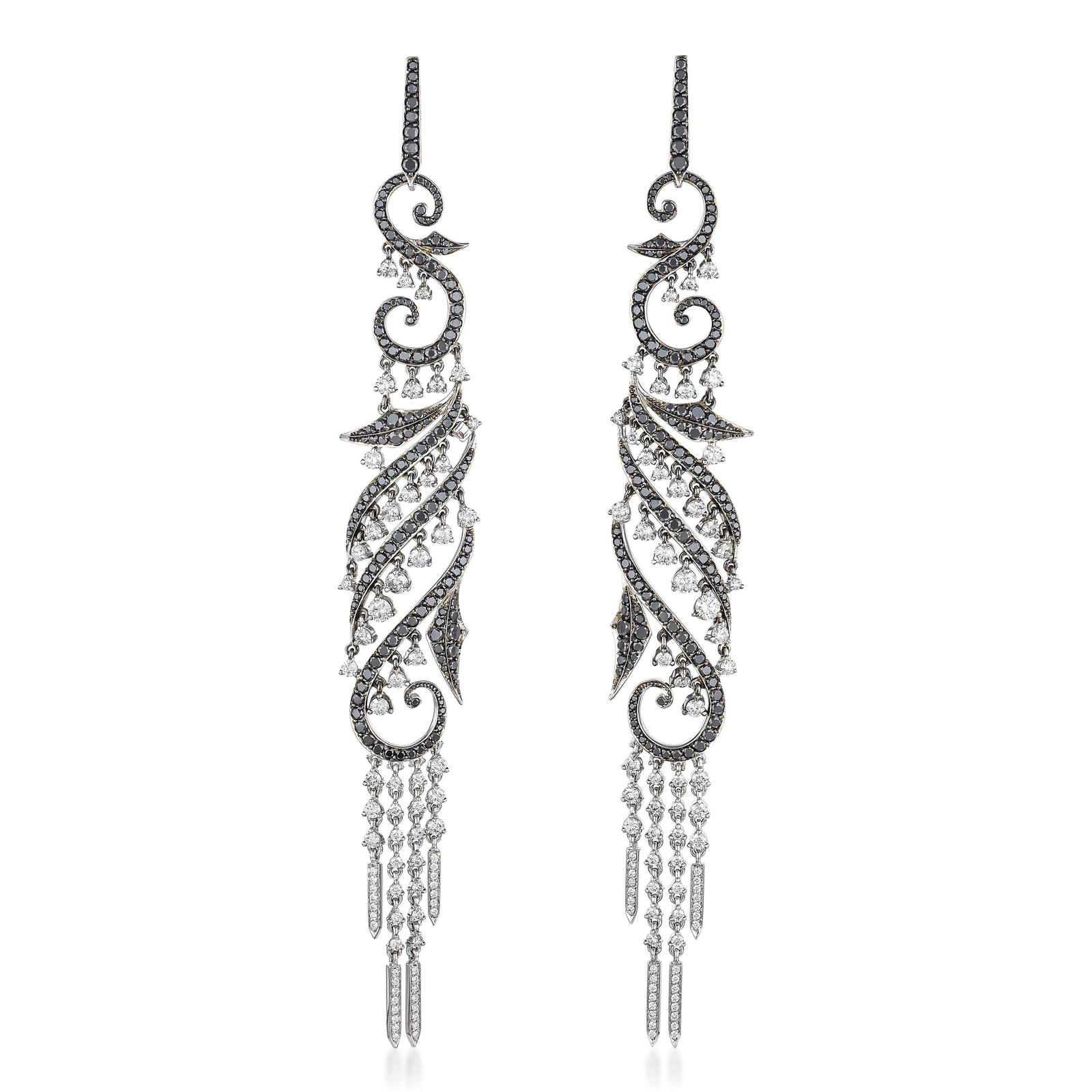 Stephen Webster Long Black and White Diamond Earrings: View a video of this lot: Click HereSummary of Key Characteristics ‚Ä¢ Metal: 18k white gold ‚Ä¢ Gemstone(s): round brilliant cut black and white diamonds weighing