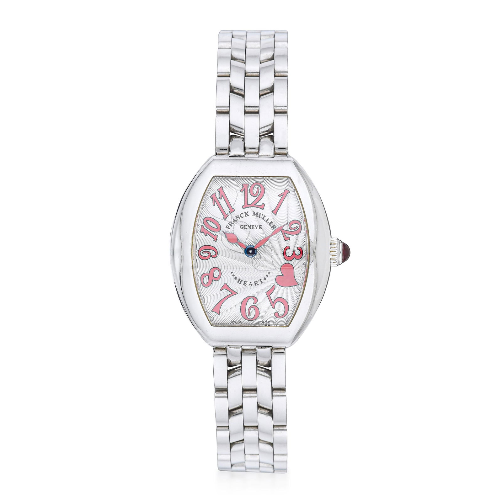 Franck Muller Heart in Steel: Summary of Key CharacteristicsCIRCA: 2000s CASE MATERIAL: Stainless steel DIAL: Silver guilloche dial with red printed Arabic numerals BRACELET MATERIAL: Original bracelet in steel CASE DIMENSIONS: 26