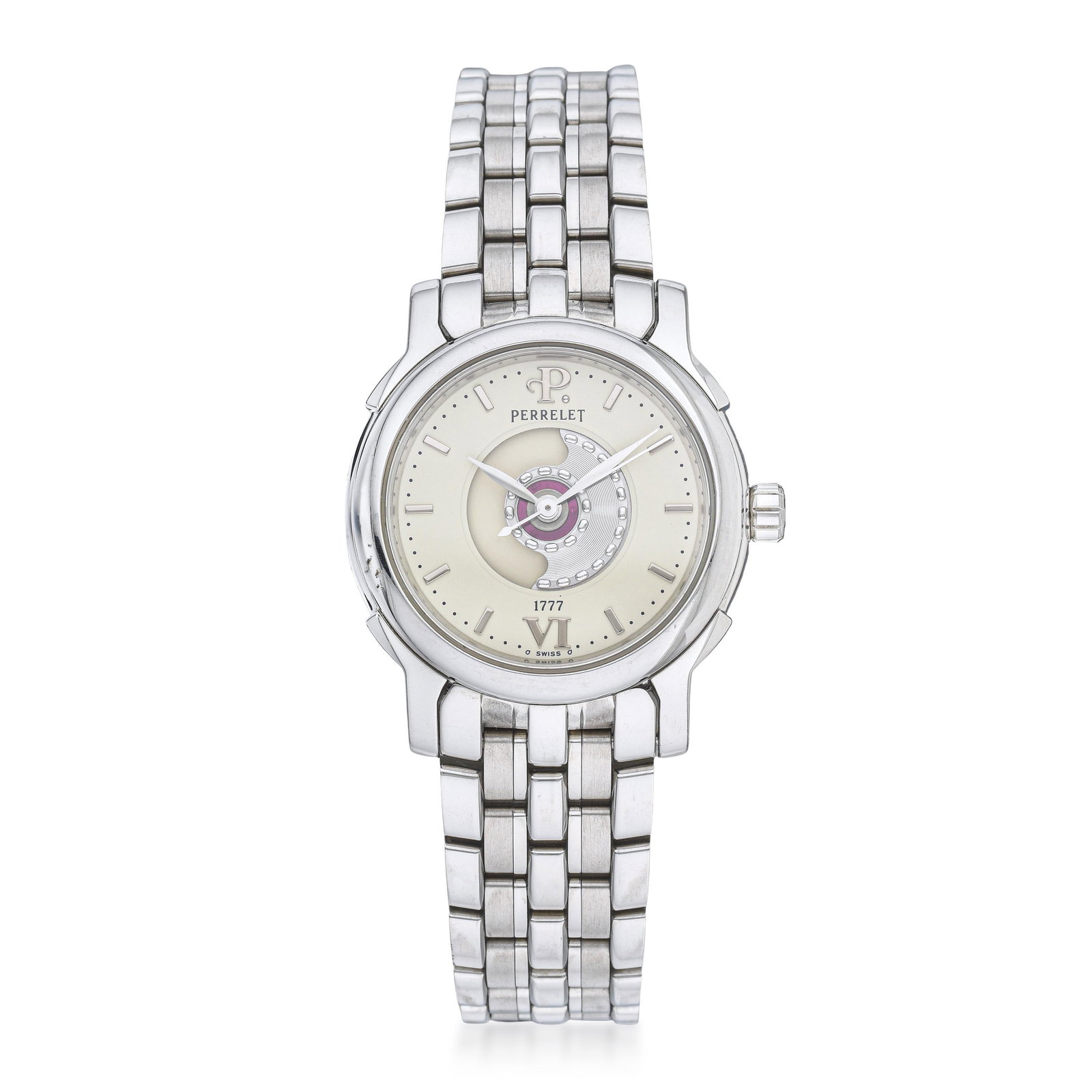 Perrelet Ladies' Watch in Steel, with Box: Summary of Key Characteristics CIRCA: 2000s CASE MATERIAL: Stainless steel DIAL: Matte white dial with applied hour markers. winding rotor visible in center BRACELET MATERIAL: Original brick link brac