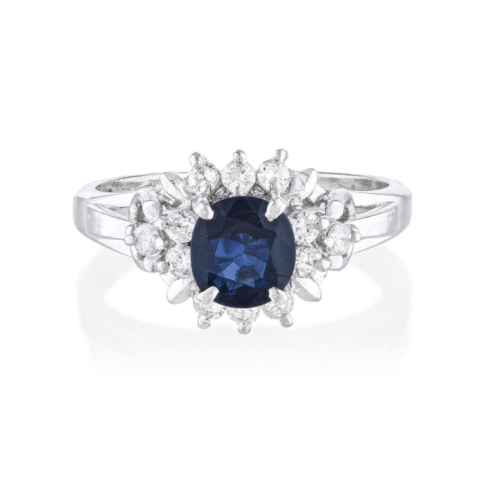 Sapphire and Diamond Ring: Summary of Key Characteristics • Metal: platinum • Gemstone(s): oval shape sapphire approx. 0.65 carats total; round brilliant cut diamonds 0.30 carats , most G-H/SI • Measurements: 9 m