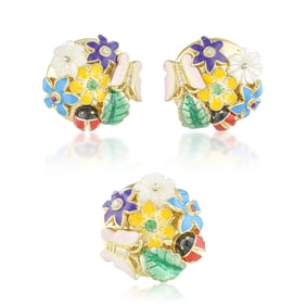 Enamel Gold Ring and Earrings Set