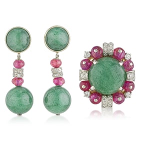 Aventurine Ruby and Diamond Earrings and Ring Set