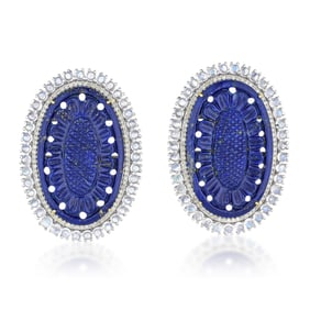 Statement Handcarved Lapis Lazuli Moonstone and Diamond Earrings