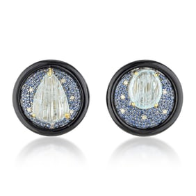 Carved Aquamarine Sapphire Diamond and Onyx Earrings