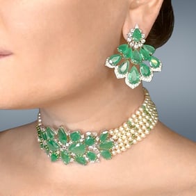 Emerald Pearl and Diamond Set (Choker and Earrings)