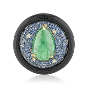 Pear Shape Emerald Cabochon Sapphire Diamond and Onyx Ring