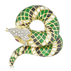 Enamel Diamond and Ruby Snake Pin