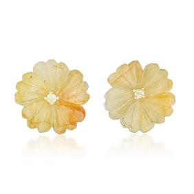 Handcarved Yellow Sapphire Flower and Diamond Earrings