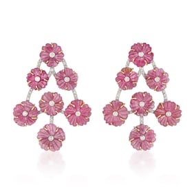 Handcarved Pink Sapphire Flower and Diamond Waterfall Earrings