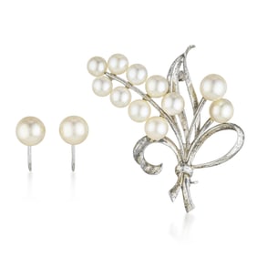 Mikimoto Pearl Brooch and Earrings Set