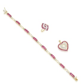 Vintage Ruby and Diamond Set (Pendant, Bracelet and Ring)