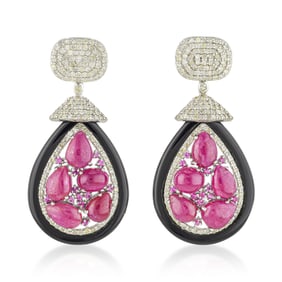 Cabochon Ruby Onyx and Diamond Drop Earrings