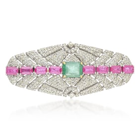 Emerald Ruby and Diamond Brooch