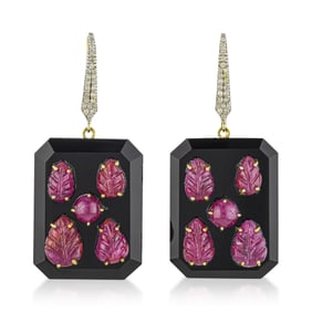 Carved Ruby Leaf Black Onyx and Diamond Earrings