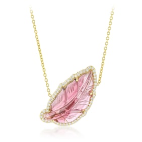 Carved Pink Tourmaline Leaf and Diamond Necklace