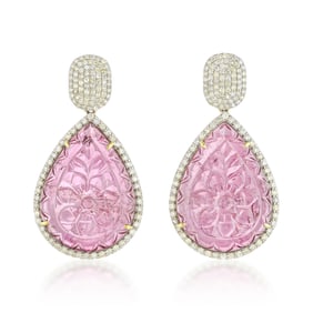 Carved Rubellite and Diamond Drop Earrings