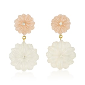 Carved Flower Moonstone and Diamond Earrings