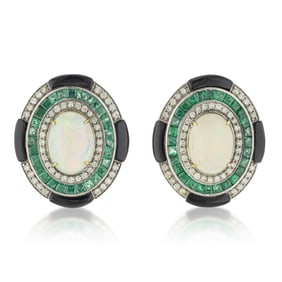 Opal Emerald Diamond and Onyx Deco Style Earrings