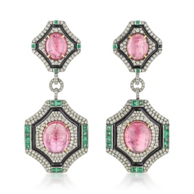 Rubellite Cabochon Emerald Onyx and Diamond Deco Style Earrings