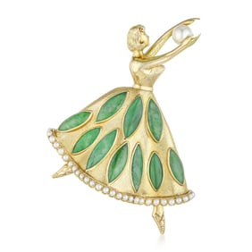 Vintage Jade and Pearl Ballerina Brooch