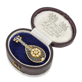 Georgian Mandolin Diamond Pearl and Enamel Brooch, with Box