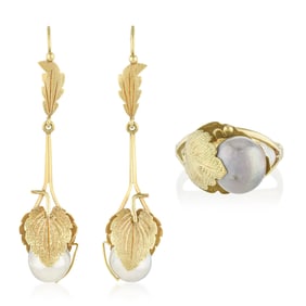 Vintage Pearl Leaf Gold Earrings and Ring, Set