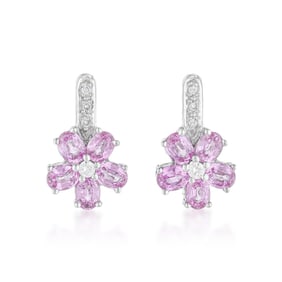 Pink Sapphire and Diamond Flower Earrings