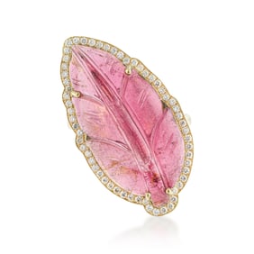 Carved Pink Tourmaline Leaf and Diamond Statement Ring
