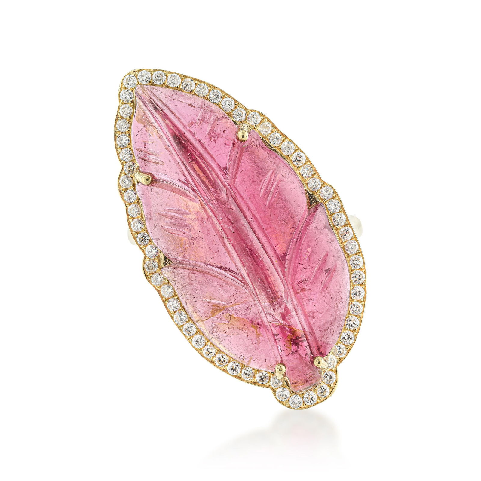 Carved Pink Tourmaline Leaf and Diamond Statement Ring (1 of 2)