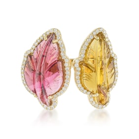 Carved Tourmaline Leaves and Diamond Between the Finger Ring