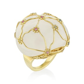 Rose Quartz Silver-Gilt Floral Cage Ring