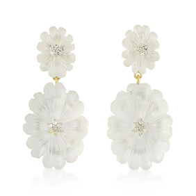 Carved Rock Crystal Flower and Diamond Earrings