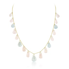 Carved Aquamarine and Morganite Drop Necklace