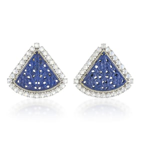 Lapiz Moonstone and Diamond Fan Statement Earrings