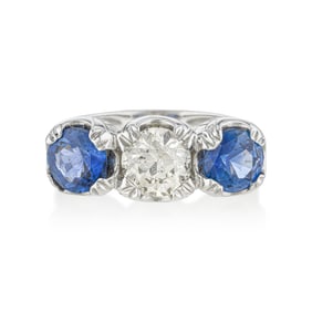 Ceylon Sapphire and Diamond Three Stone Ring, GIA Certified