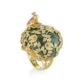 Whimsical Emerald and Diamond Frog Prince Statement Ring