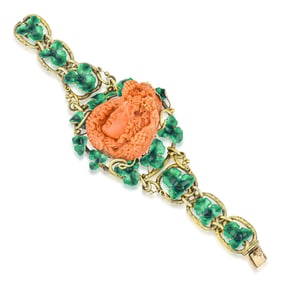 Antique Carved Coral Baccus in Grapevines Bracelet, French