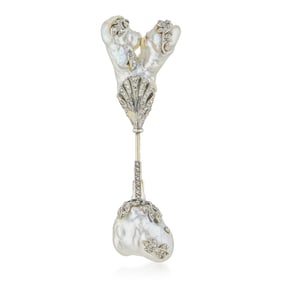 Antique Natural Saltwater Baroque Pearl and Diamond Jabot Pin