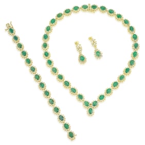 Emerald and Diamond Necklace Bracelet and Earrings Set