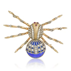 Diamond Enamel Spider Pin in Faberge Style, Russian