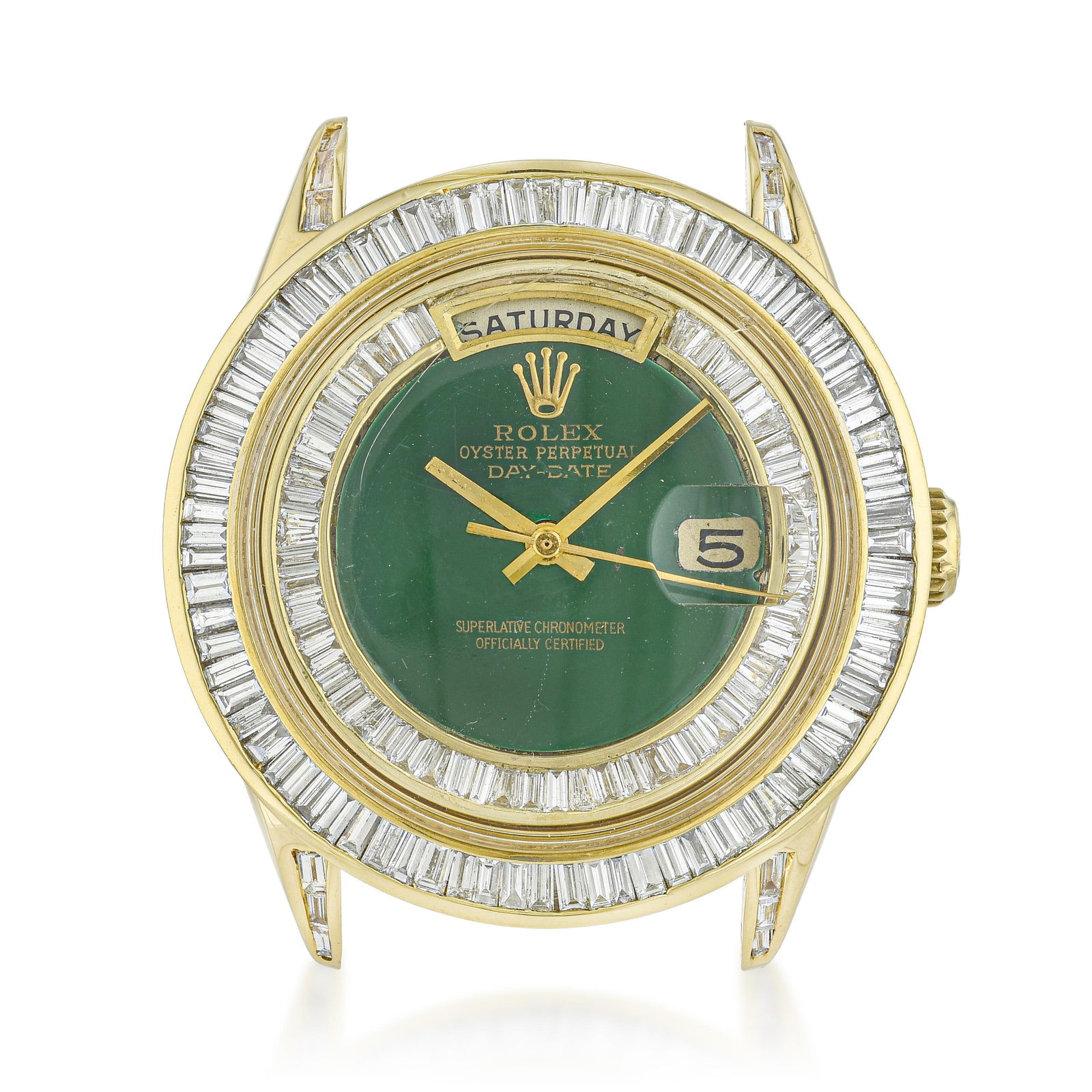 Rolex Day-Date in 18K Gold: Summary of Key CharacteristicsCIRCA: 1969 CASE MATERIAL: 18K yellow gold DIAL: Green lacquer sector dial with outer section in baguette diamonds. Day aperture at the "12" hour marker. Date aperture at