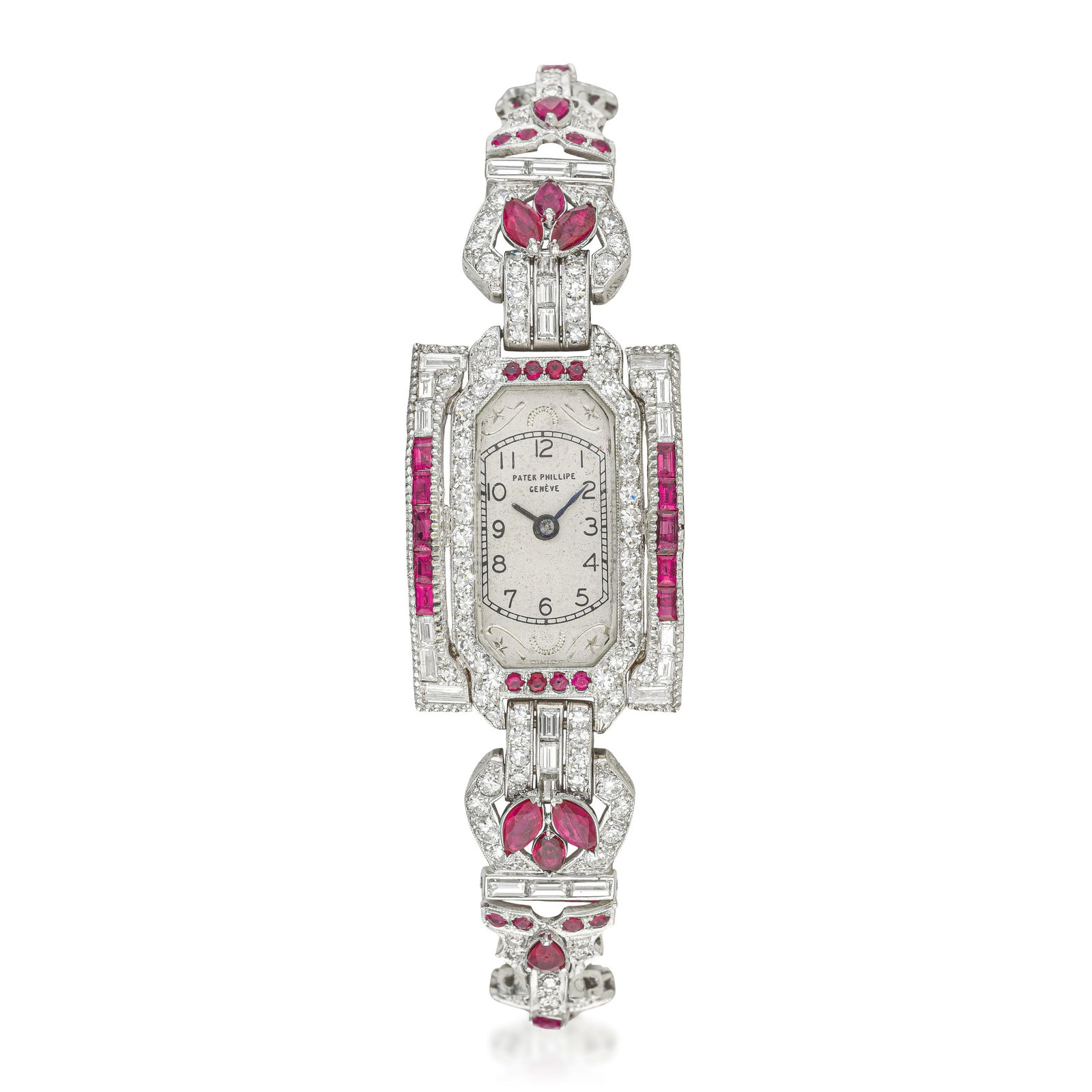 Patek Philippe Art Deco Ladies' Watch in Platinum: Summary of Key CharacteristicsCIRCA: 1920s CASE MATERIAL: Platinum with diamond and ruby paveGEMSTONE(S): mix-cut diamonds approx.3.00 carts total; mix shape rubies approx.3.00 carats total DIAL: Anti