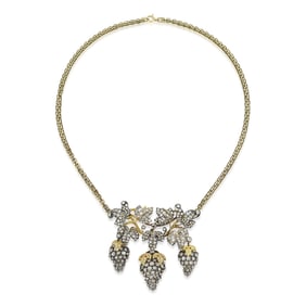 Antique Silver on Gold Diamond Grape and Leaf Necklace