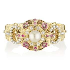Victorian Pearl Ruby and Diamond Bangle