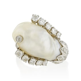 Vintage Baroque Pearl and Diamond Ring