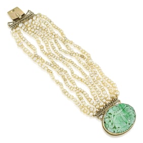 Vintage Carved Jade and Pearl Bracelet